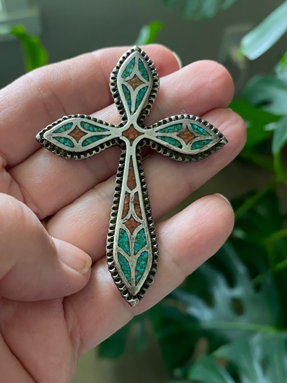 Turquoise Inlay vintage Silver Cross Pendant - Picture 7 of 10